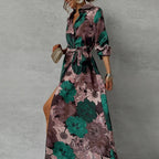 Women's Dark Green Floral Maxi Dress Collared Tie Waist