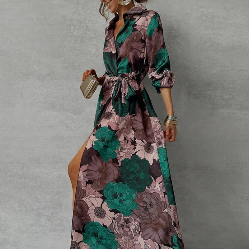 Women's Dark Green Floral Maxi Dress Collared Tie Waist
