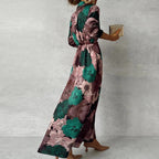 Women's Dark Green Floral Maxi Dress Collared Tie Waist