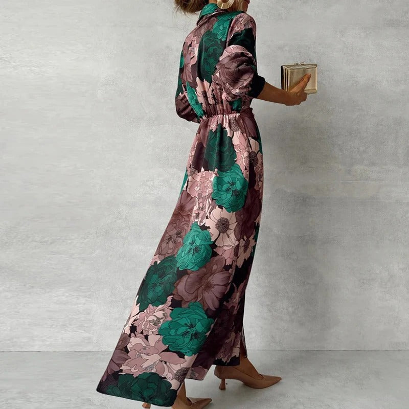 Women's Dark Green Floral Maxi Dress Collared Tie Waist