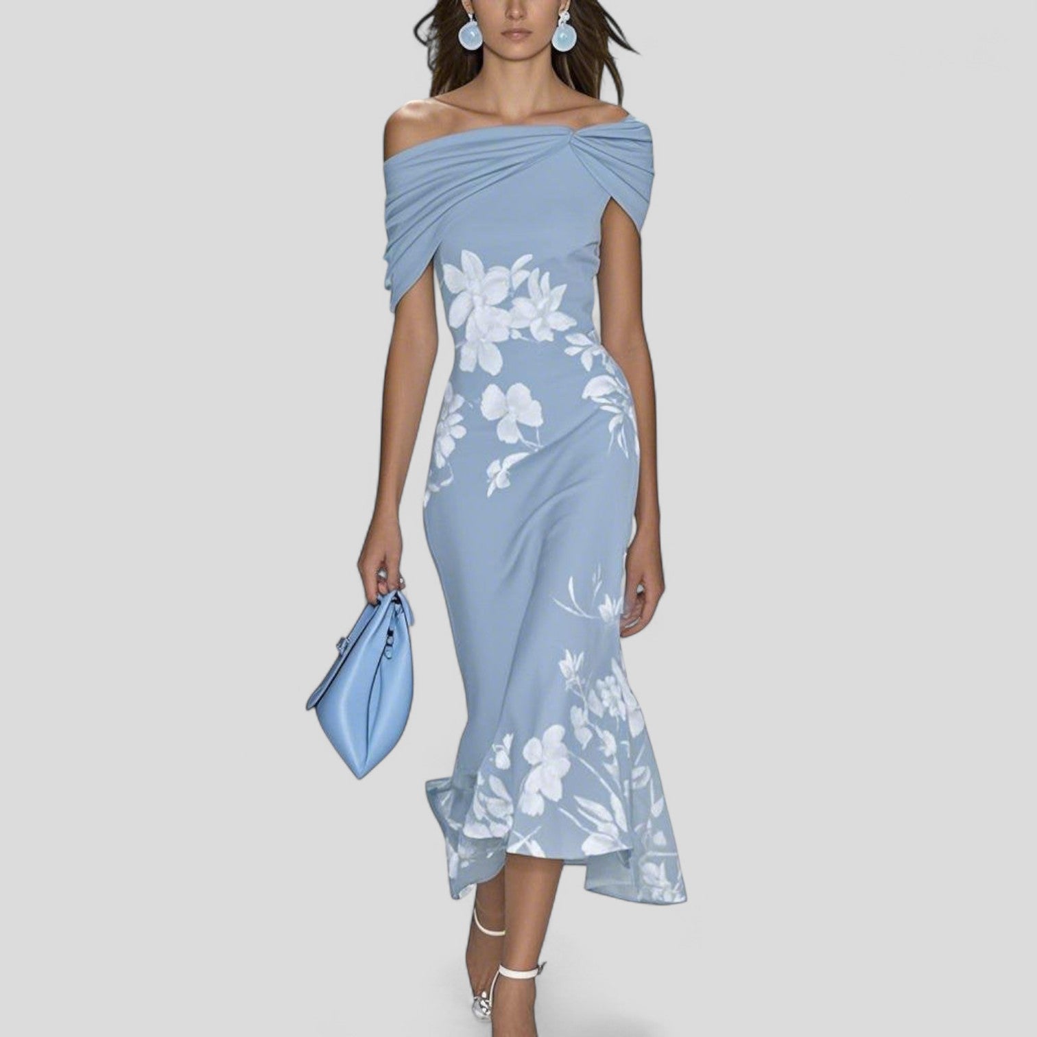 Women's Floral Midi Dress Wedding Guest Off-the-Shoulder