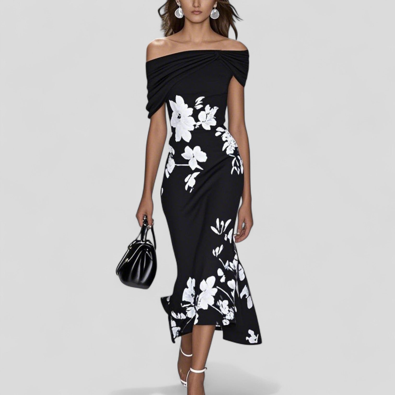 Women's Floral Midi Dress Wedding Guest Off-the-Shoulder