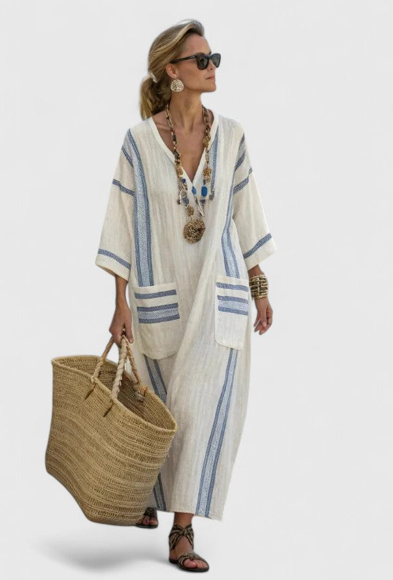 Women's Striped Maxi Dress Kaftan Summer V-Neck Boho