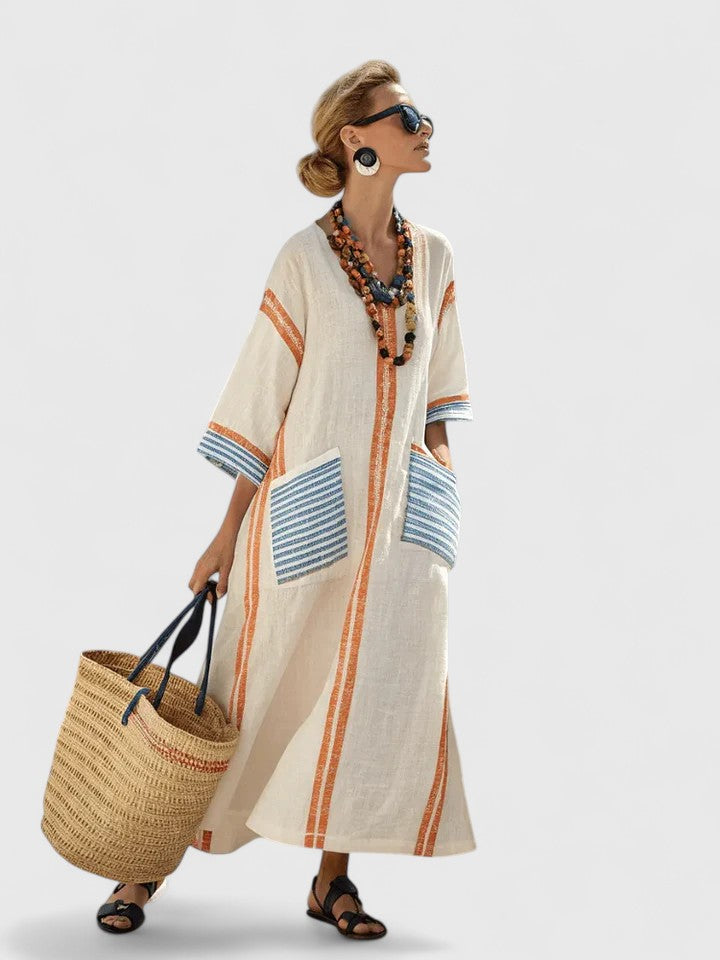 Women's Striped Maxi Dress Kaftan Summer V-Neck Boho