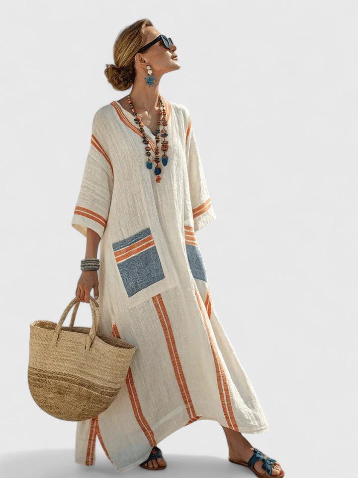 Women's Striped Maxi Dress Kaftan Summer V-Neck Boho
