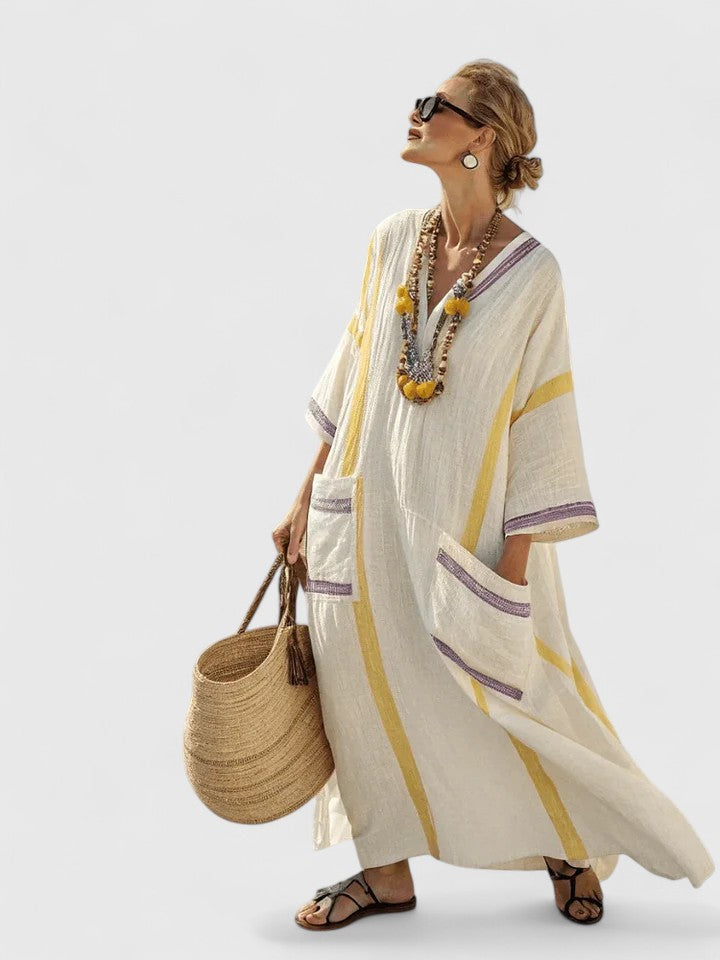 Women's Striped Maxi Dress Kaftan Summer V-Neck Boho