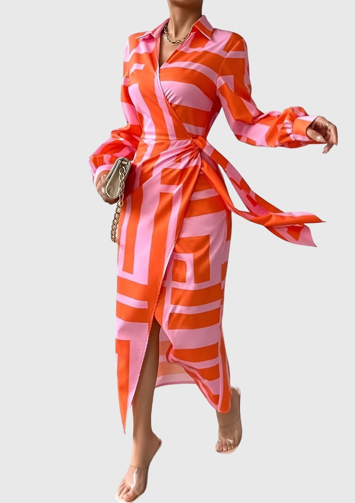 Women's Wrap Maxi Dress Wedding Guest Striped Shirt Elegant