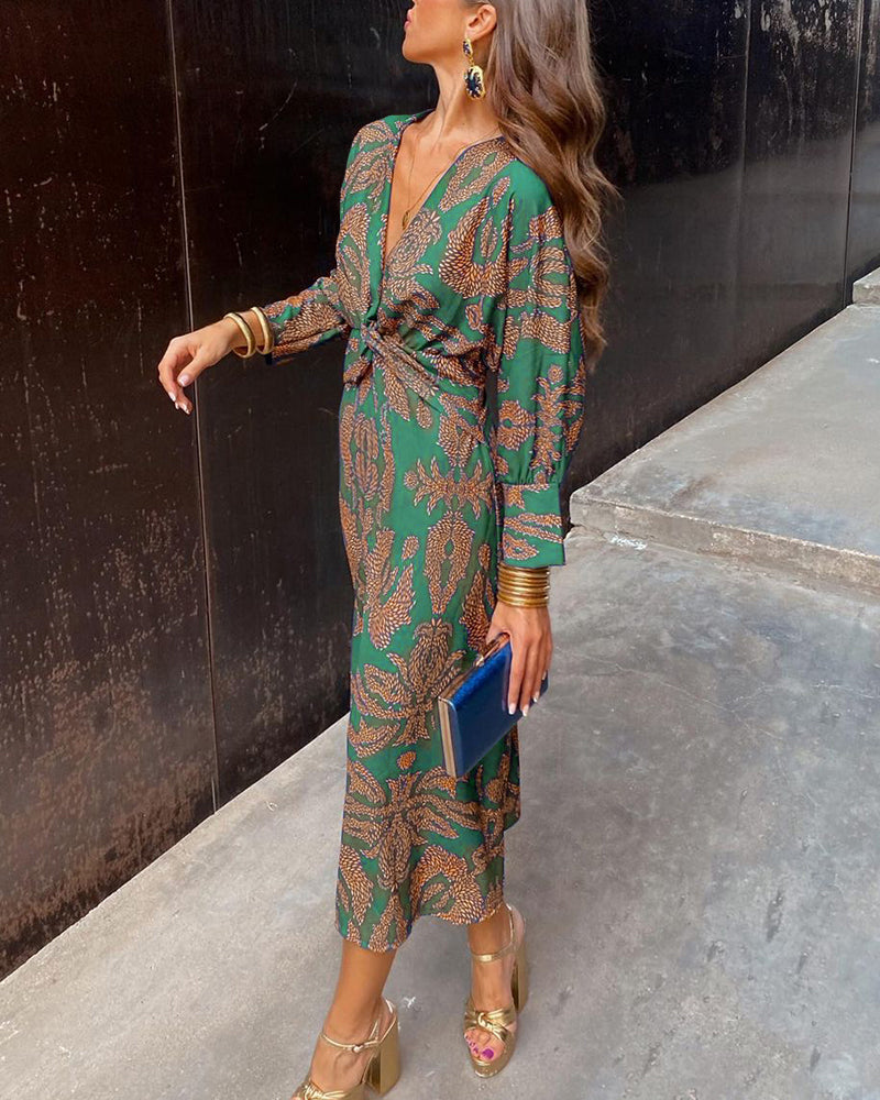 Women's Floral Midi Dress Wedding Guest Long Sleeve A-Line