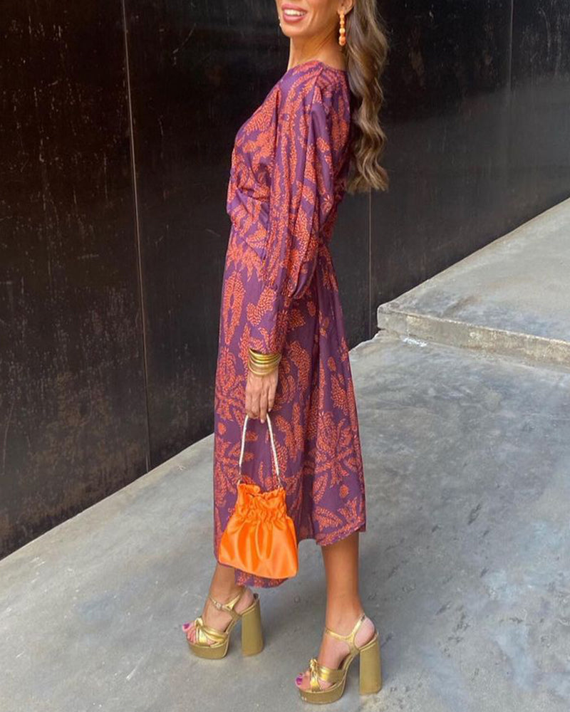 Women's Floral Midi Dress Wedding Guest Long Sleeve A-Line