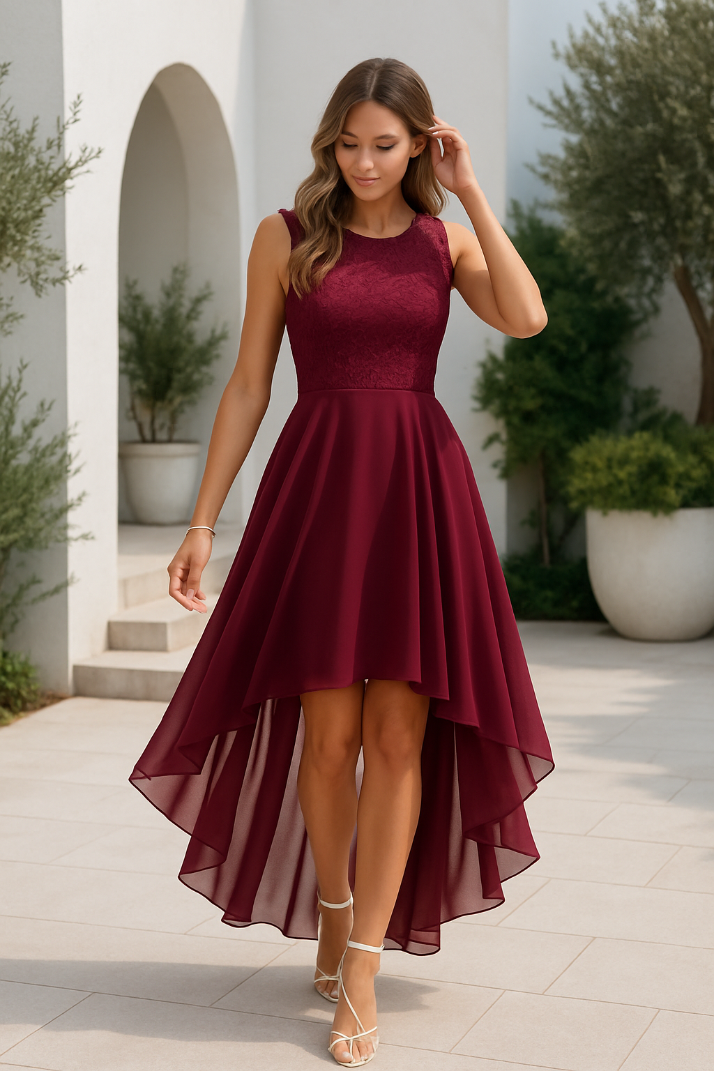 Women's High-Low Dress Wedding Guest Lace Sleeveless Elegant