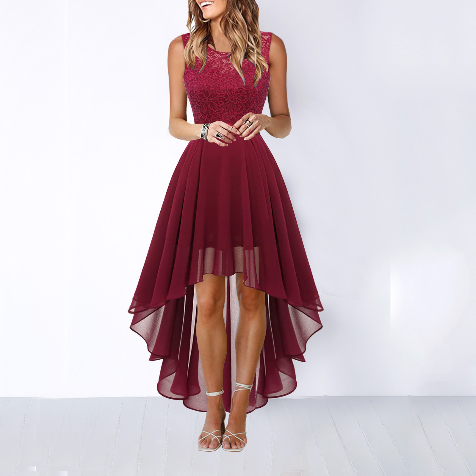 Women's High-Low Dress Wedding Guest Lace Sleeveless Elegant