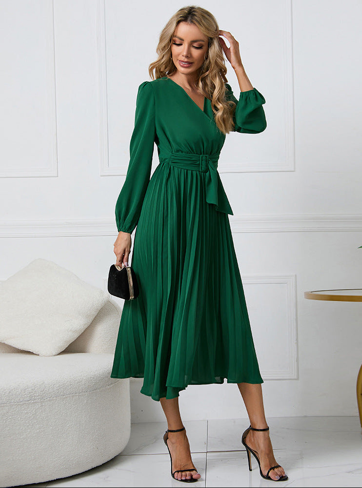 Women's Long Sleeve Midi Dress Wedding Guest Pleated V-Neck