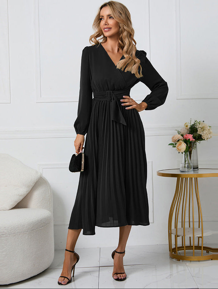 Women's Long Sleeve Midi Dress Wedding Guest Pleated V-Neck