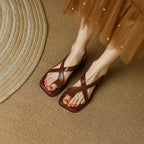 Women's Leather Buckle Sandals Toe Loop Cross Strap Slingback