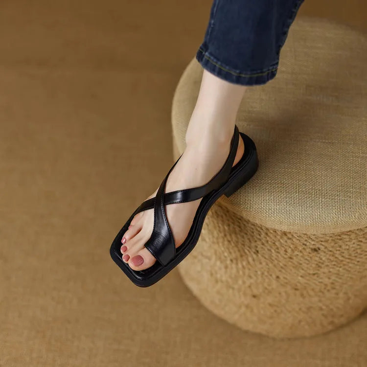 Women's Leather Buckle Sandals Toe Loop Cross Strap Slingback