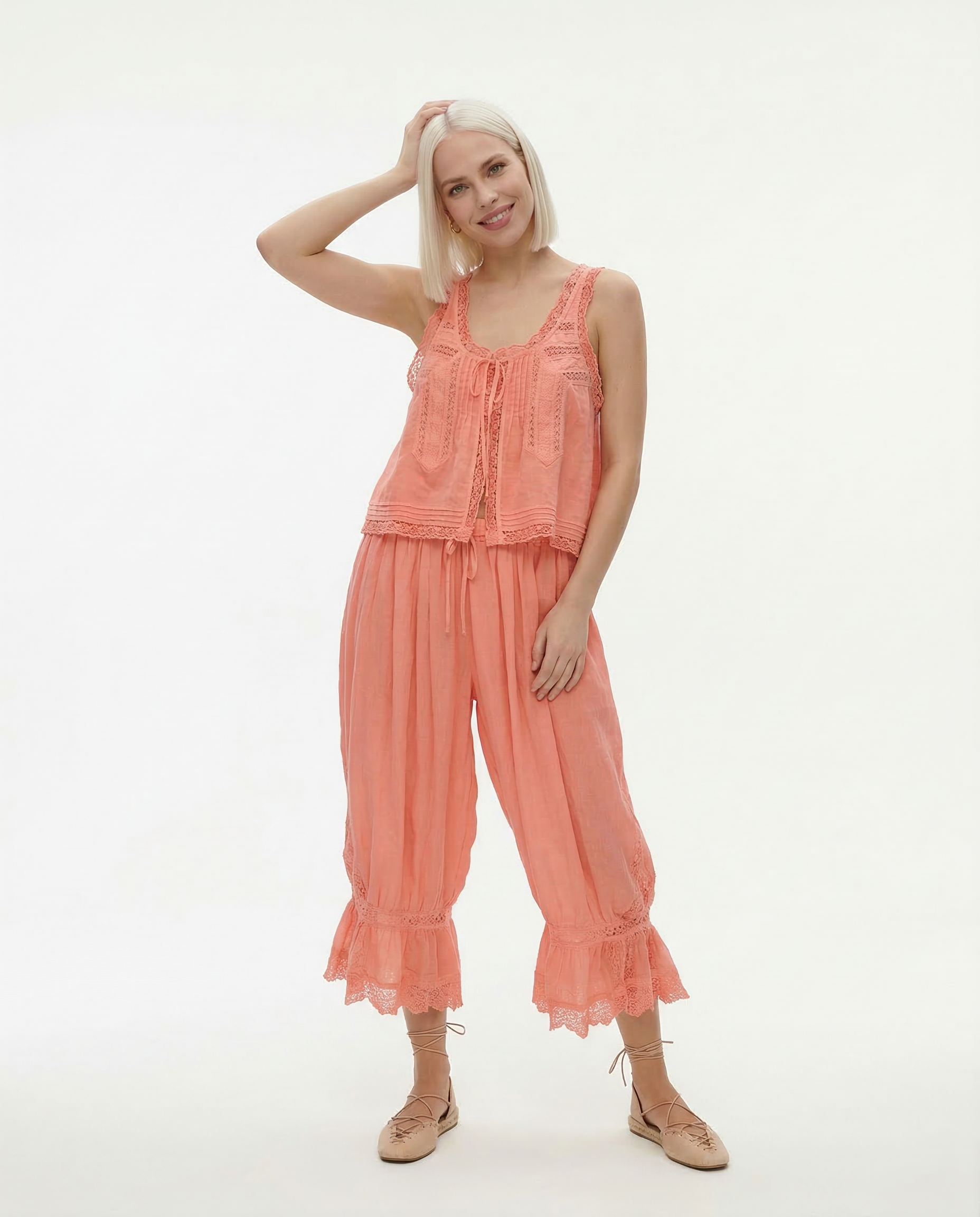 Women's 2 Piece Set Lace Sleeveless Top and Wide Leg Pants