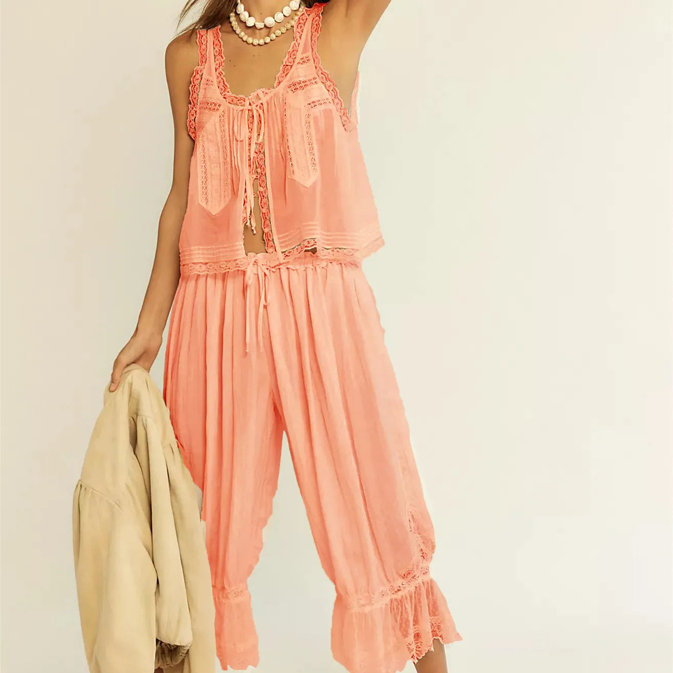 Women's 2 Piece Set Lace Sleeveless Top and Wide Leg Pants