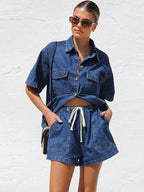 Women's Denim 2 Piece Set Button Down Shirt and Drawstring Shorts