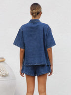 Women's Denim 2 Piece Set Button Down Shirt and Drawstring Shorts
