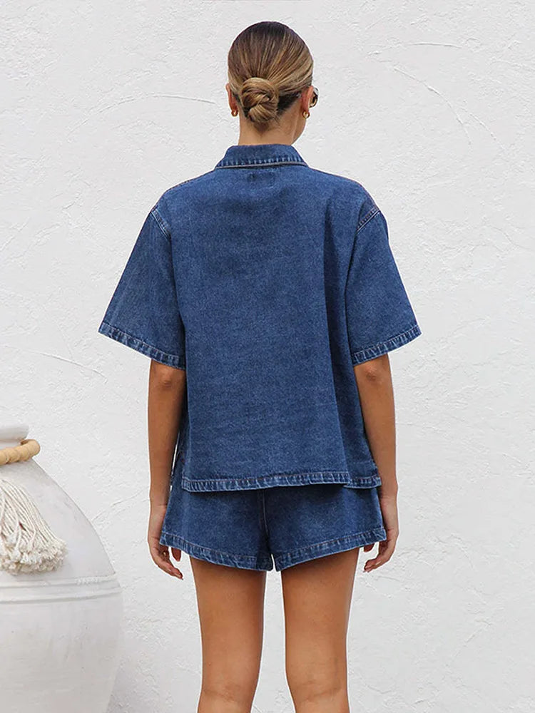 Women's Denim 2 Piece Set Button Down Shirt and Drawstring Shorts