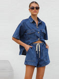 Women's Denim 2 Piece Set Button Down Shirt and Drawstring Shorts