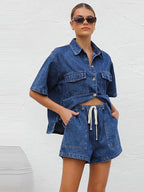 Women's Denim 2 Piece Set Button Down Shirt and Drawstring Shorts