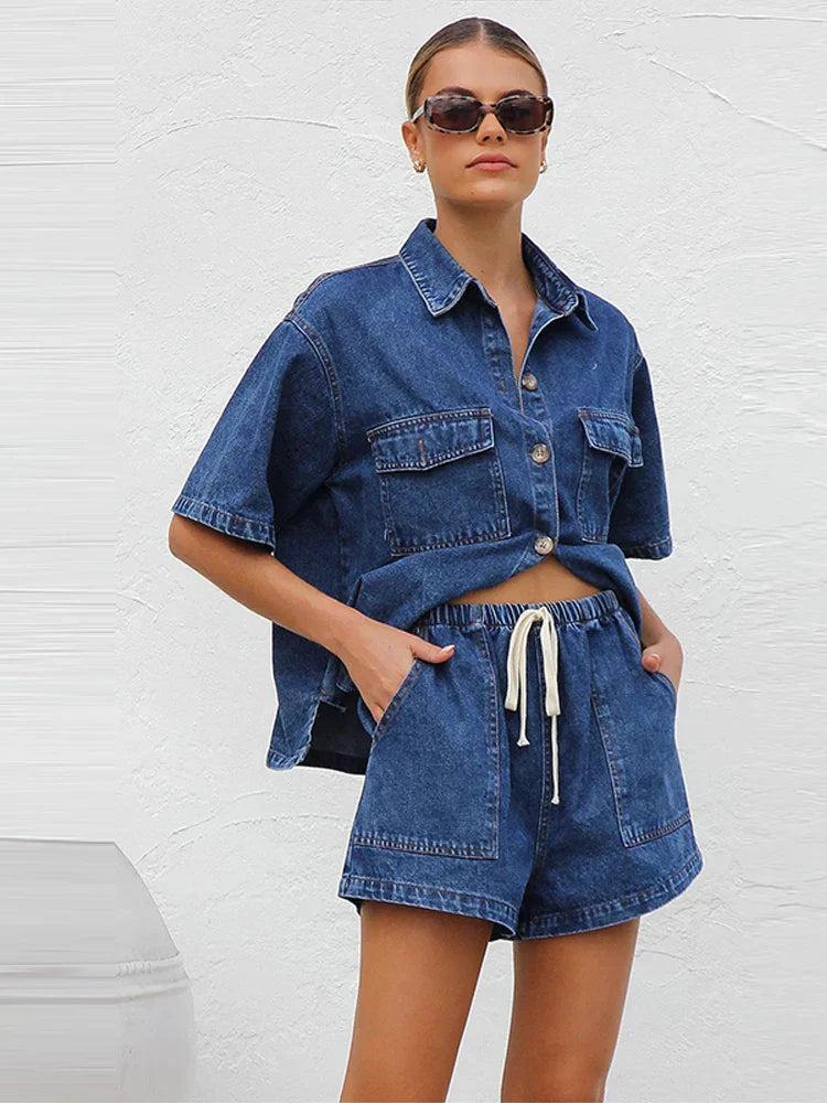 Women's Denim 2 Piece Set Button Down Shirt and Drawstring Shorts