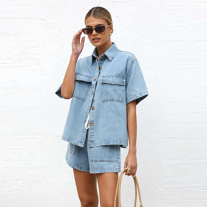 Women's Denim 2 Piece Set Button Down Shirt and Drawstring Shorts