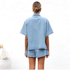 Women's Denim 2 Piece Set Button Down Shirt and Drawstring Shorts