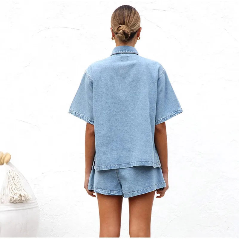 Women's Denim 2 Piece Set Button Down Shirt and Drawstring Shorts