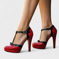 Women's T-Strap Heels Platform Round Toe Pumps with Bow Accent