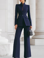 Women's Wedding Guest Pantsuit Mandarin Collar Blazer and Wide Leg Trousers