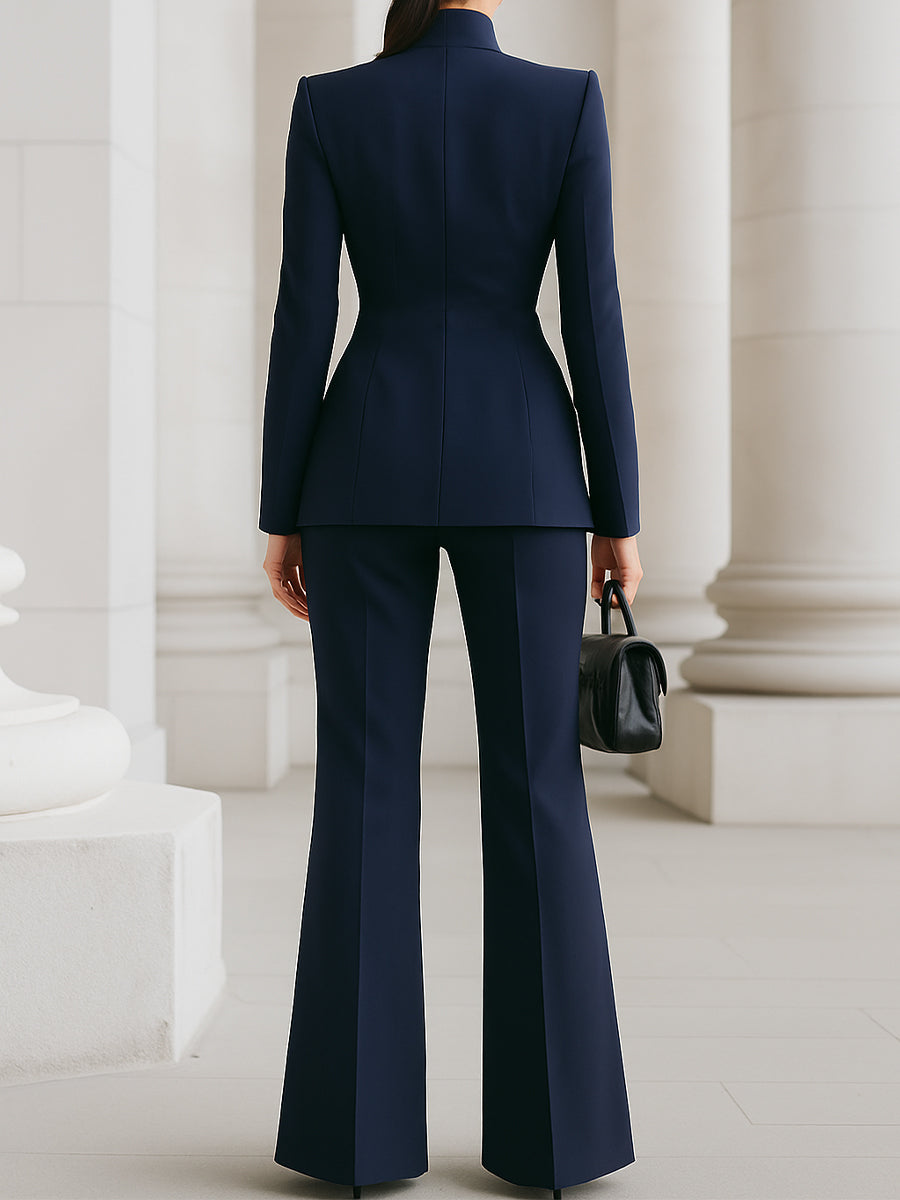 Women's Wedding Guest Pantsuit Mandarin Collar Blazer and Wide Leg Trousers