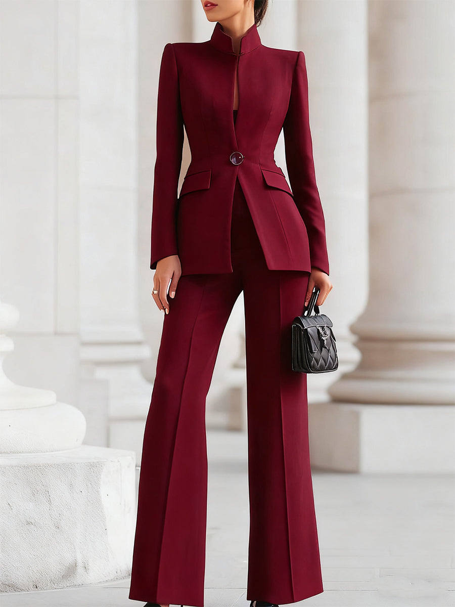 Women's Wedding Guest Pantsuit Mandarin Collar Blazer and Wide Leg Trousers