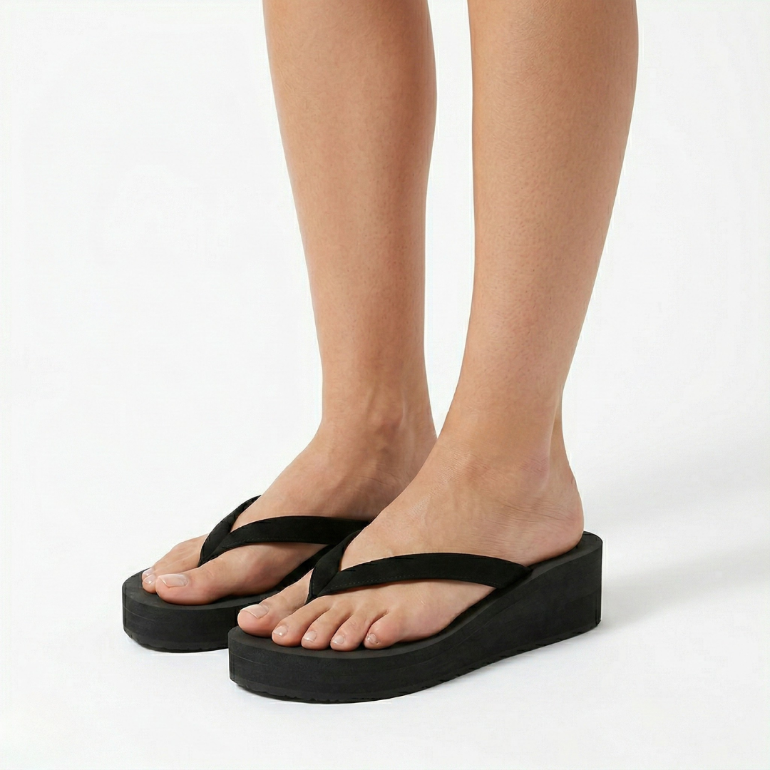 Women's Black Wedge Sandals Platform and Thong Straps