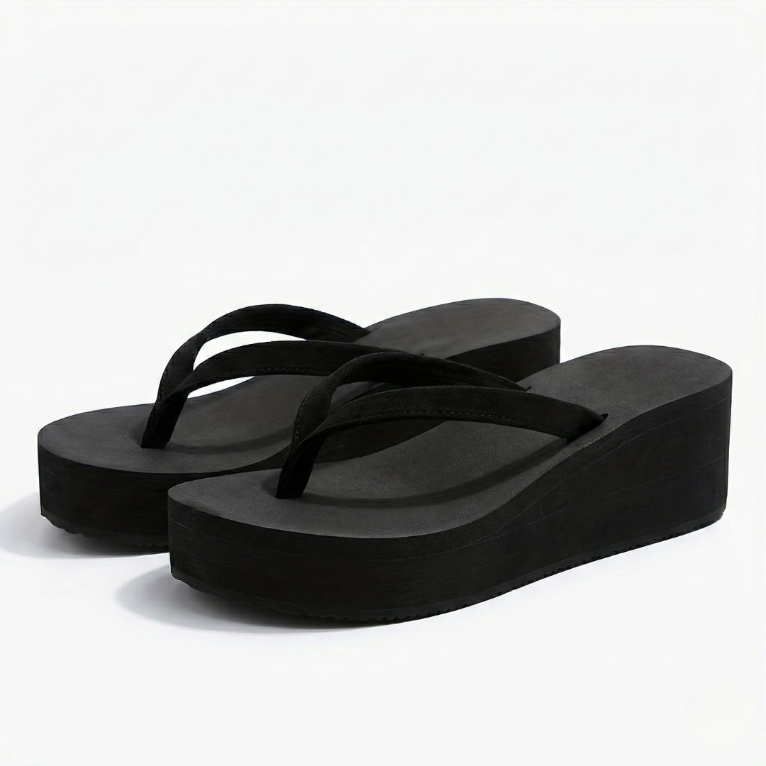 Women's Black Wedge Sandals Platform and Thong Straps