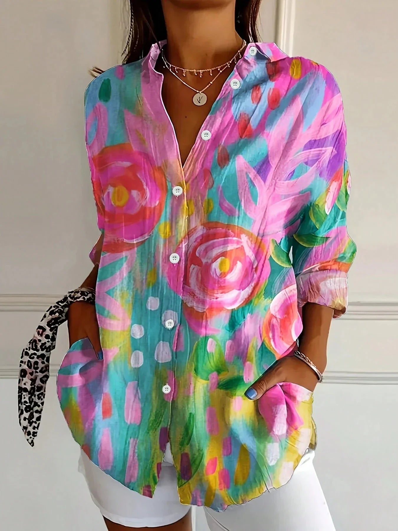 Women's Floral Button-Down Blouse Long Sleeve Shirt