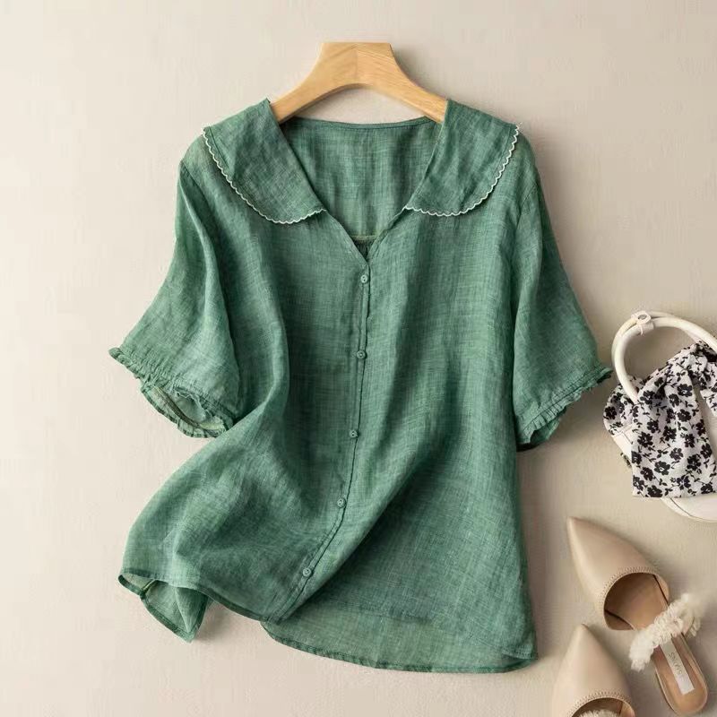 Women's Peter Pan Collar Blouse Short Sleeve Summer Top