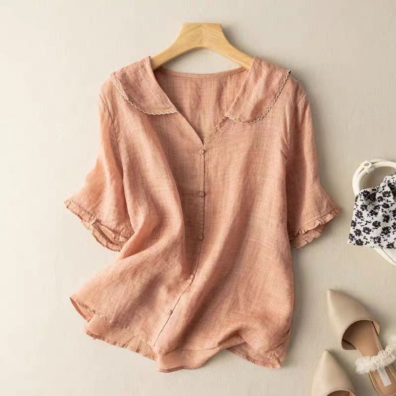 Women's Peter Pan Collar Blouse Short Sleeve Summer Top