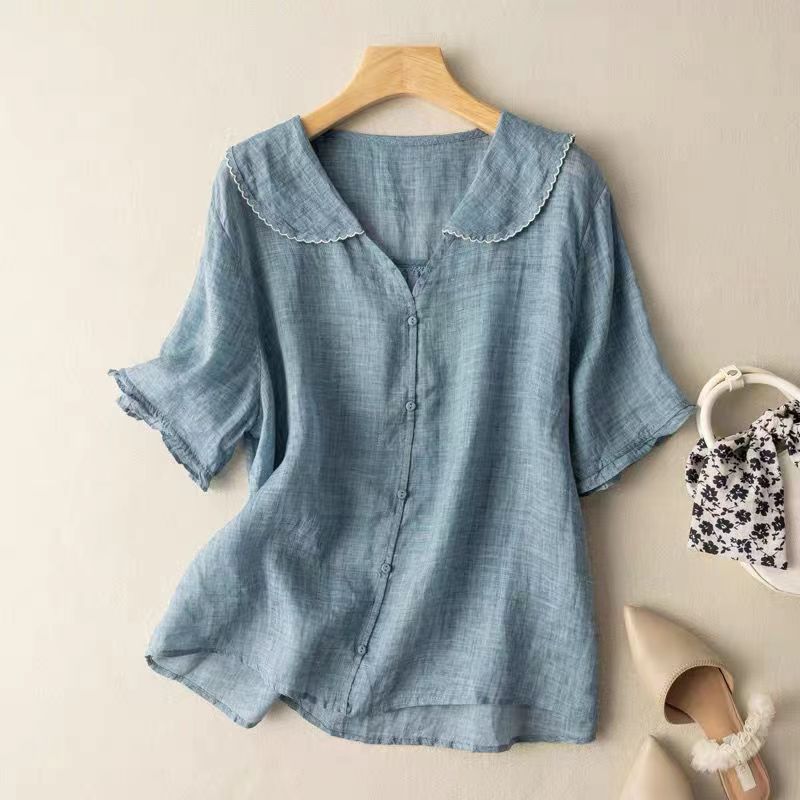 Women's Peter Pan Collar Blouse Short Sleeve Summer Top