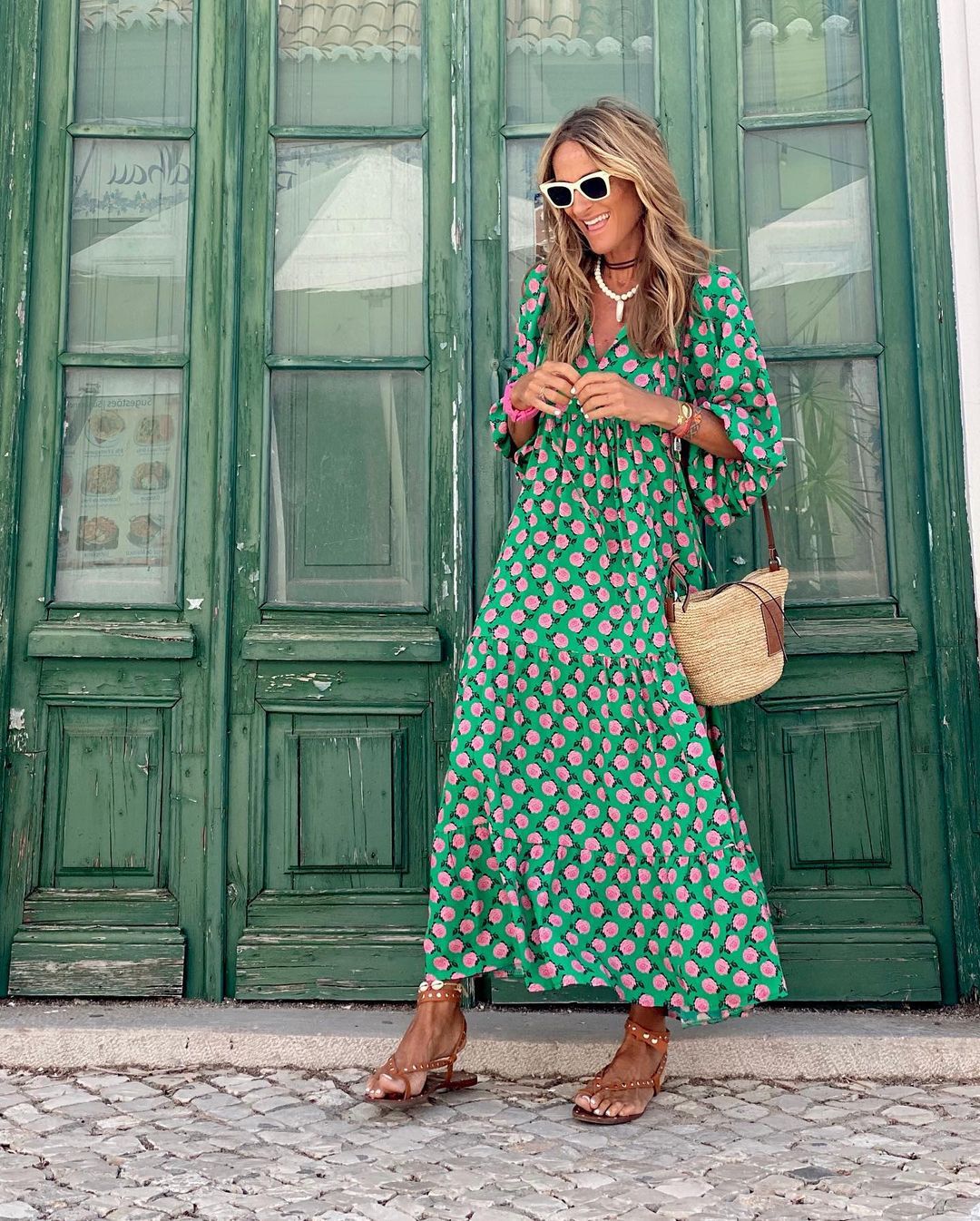 Women's Tiered Maxi Dress Green Geometric Boho Summer Casual