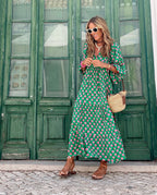 Women's Tiered Maxi Dress Green Geometric Boho Summer Casual