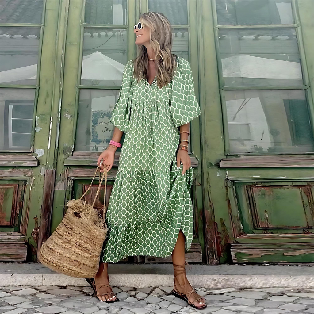 Women's Tiered Maxi Dress Green Geometric Boho Summer Casual