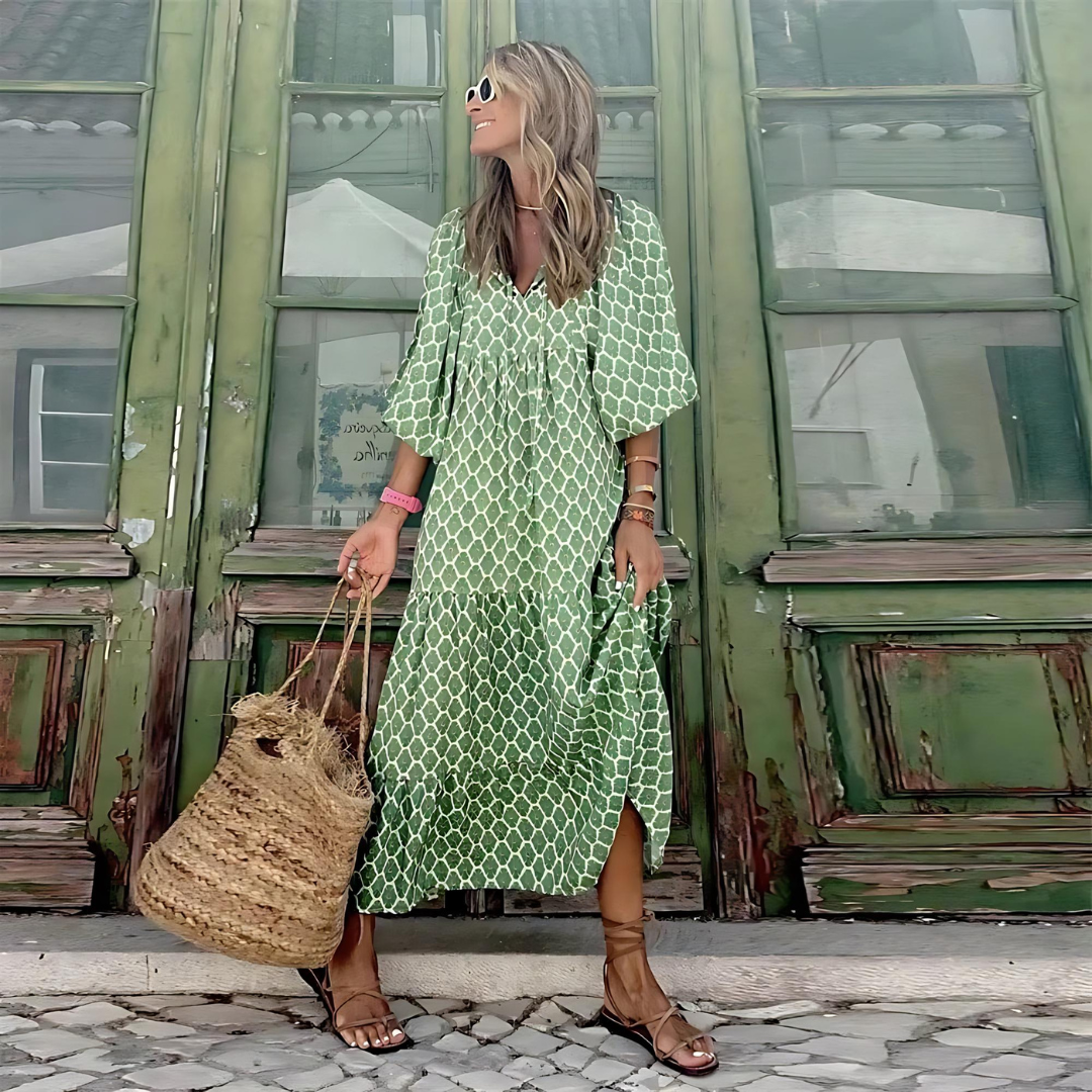 Women's Tiered Maxi Dress Green Geometric Boho Summer Casual