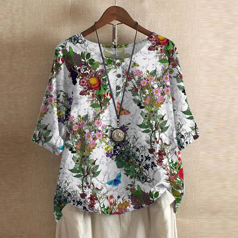 Women's Boho Blouse Floral Print Short Sleeve Casual Top
