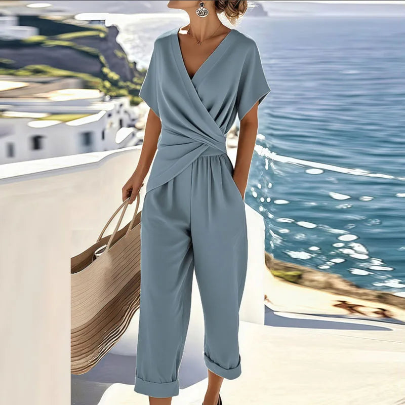 Women's Two-Piece Set Elegant Wrap Blouse and Trousers Co-ord