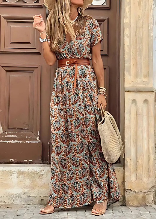 Women's Boho Maxi Dress Geometric Print Belted Short Sleeve