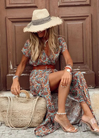 Women's Boho Maxi Dress Geometric Print Belted Short Sleeve