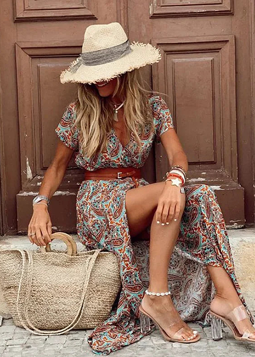 Women's Boho Maxi Dress Geometric Print Belted Short Sleeve