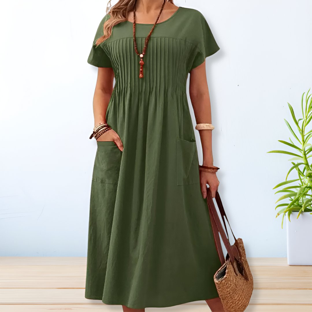 Women's Pleated Midi Dress Short Sleeve Pocket Summer Casual